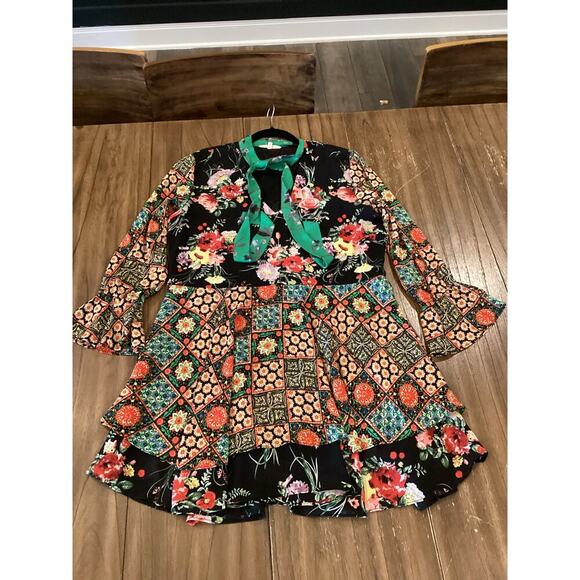 BUFFALO David Bitton tamed Floral Dress Flutter Long Sleeve Neck Tie Mini Dress - Picture 7 of 11